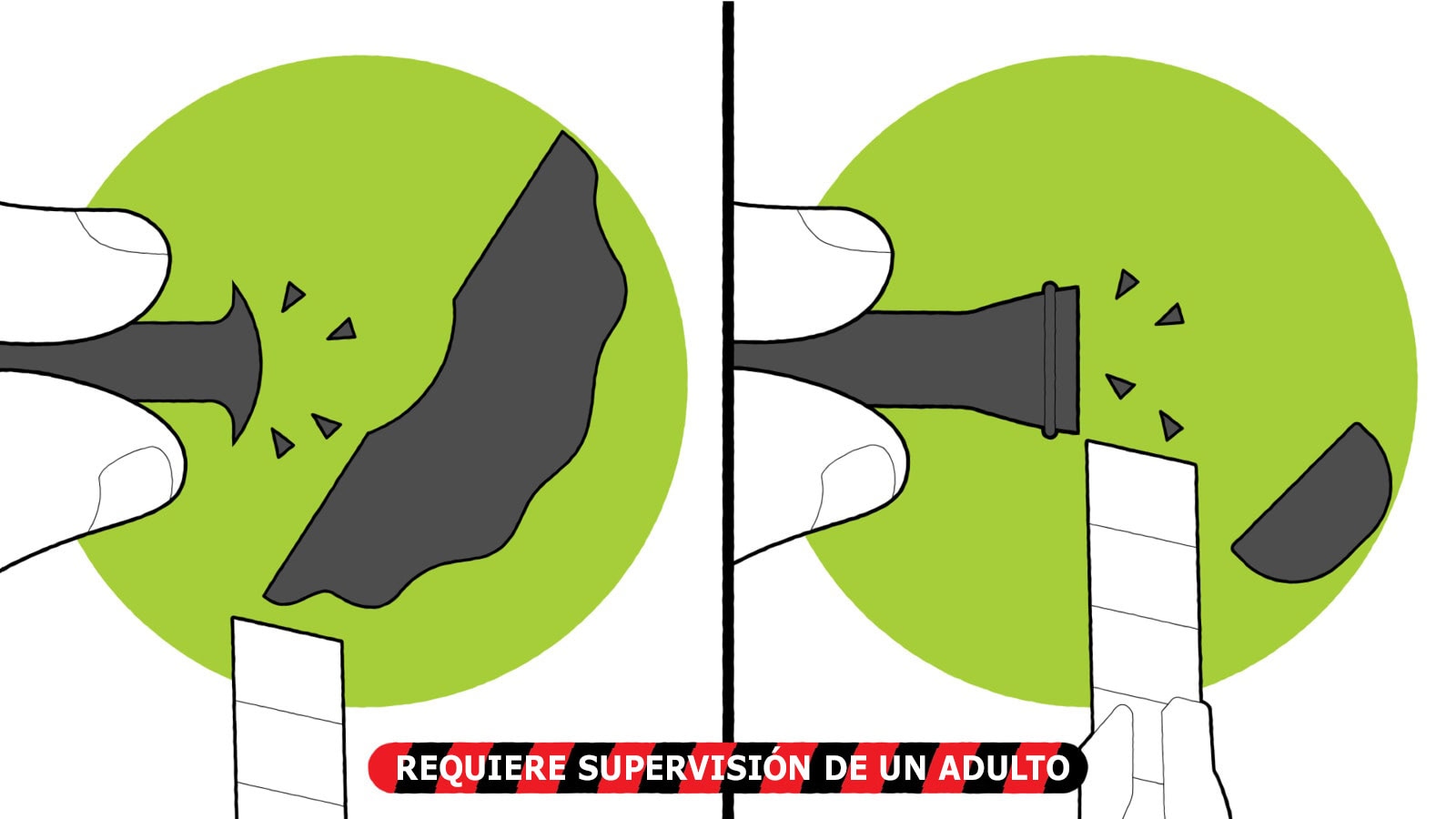 Una ilustración de un cúter cortando la goma sobrante de un vástago de válvula de neumático de bicicleta y cortando la punta de un vástago de válvula de neumático de auto. El texto de abajo dice: "Requiere supervisión de un adulto".