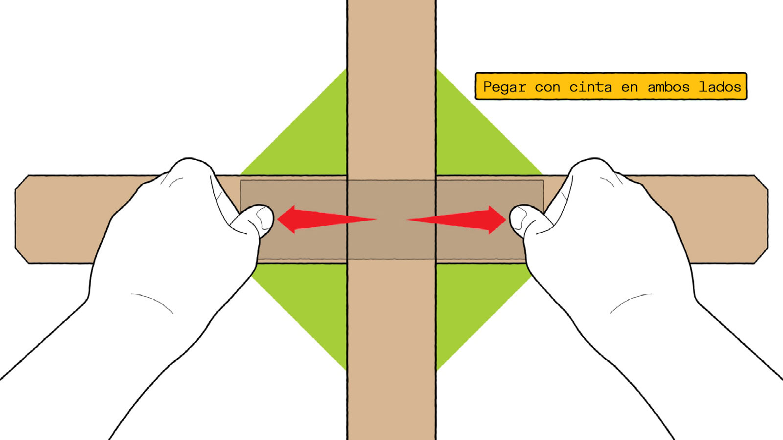 Una ilustración de las manos de una persona pegando las dos aspas del búmeran de cartón con cinta para unirlas. El texto en la imagen dice "pegar con cinta ambos lados".