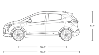 Dimensiones de Bolt EUV. Base de ruedas 102.4 pulgadas. Largo 163.2 pulgadas. Altura 63.4 pulgadas.