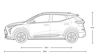 Dimensiones de Bolt EUV. Base de ruedas 105.3 pulgadas. Largo 169.5 pulgadas. Altura 63.6 pulgadas.