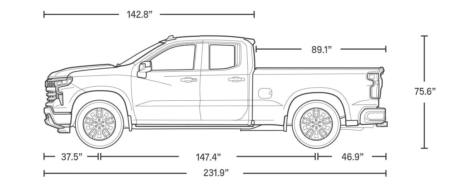 Dibujo de las dimensiones de la ​​​​​​​Silverado 2024 de cabina extendida