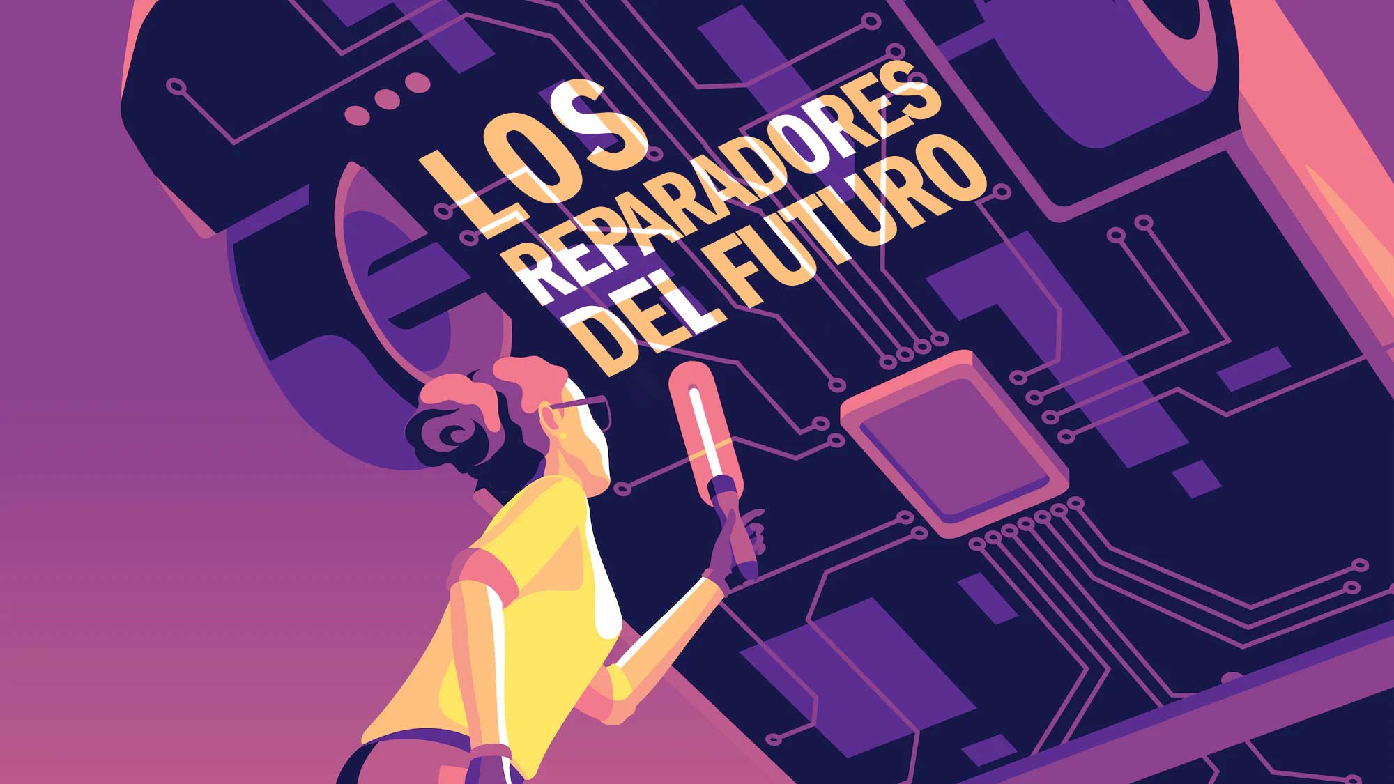 Ilustración de una persona parada debajo de un auto que está elevado por encima de su cabeza, sosteniendo una luz encendida que apunta hacia la parte inferior del auto, en la que las palabras "Los reparadores del futuro" están iluminadas.
